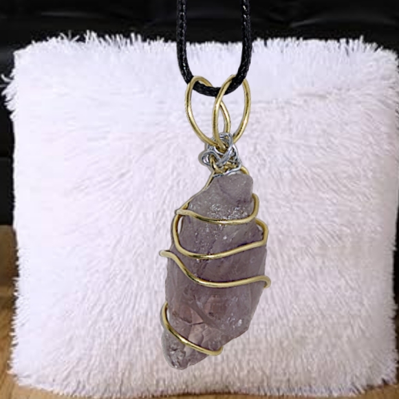 .Raw Amethyst Stone Wire Pendant with 18" Black Wax Leather Necklace - Picture 5 of 5